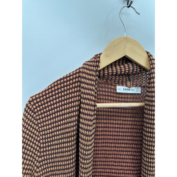 Zara Sweater Women XL Tan Black Red Long Sleeve Open Front Knit Cardigan - Picture 5 of 10